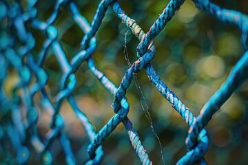 A close-up of a vibrant blue netting, showcasing its intricate weave and texture against a blurred green background.