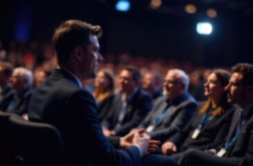 blur background of Male Asking a Question to a Speaker During a Q and A Session at an International Tech Conference in a Dark Crowded Auditorium. Young Specialist Expressing an Opinion During a Global