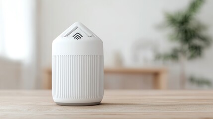 Modern smart speaker on a wooden table in a minimalistic interior design setting.