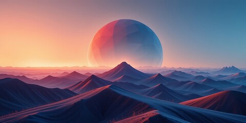 Sunset over a mountainous alien landscape with a large orb