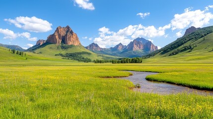 Sunny valley landscape with wildflowers, mountains, and a meandering stream; perfect for travel brochures