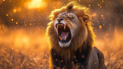 Fototapeta premium Lion with a majestic mane roaring at sunset in the African savanna, golden light, powerful stance 