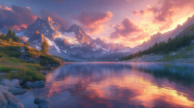 Majestic alpine landscape in the sunset, crystal clear mountain lake, gentle clouds in the sky, extremely detailed, photorealistic, vivid colors, 8K Ultra HD