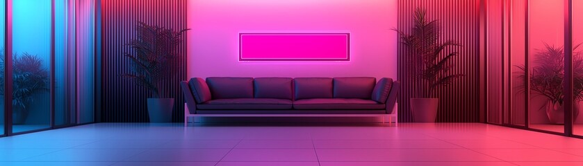 Stylish modern living room with colorful neon lighting and minimalist decor.