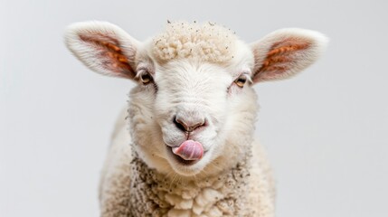 Funny young sheep or lamb close up banner, showing her tongue