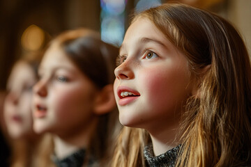 Naklejka premium Children Singing in Church Choir with Focused Expressions, Generative AI