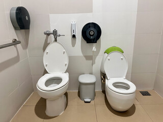 Bathroom for the disabled, Public restroom with two adjacent toilets, one standard and one with a child-friendly seat. The clean and well maintained facility includes a handrail for accessibility