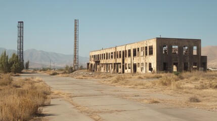 Derelict factory building with two chimneys, situated in a deserted landscape under a clear sky.
