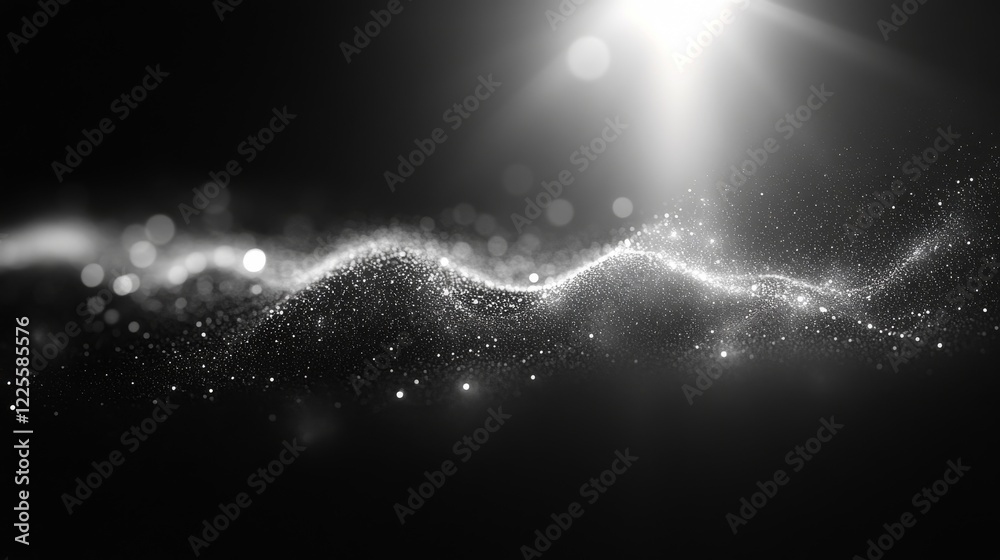 Poster shimmering particles dance in cosmic waves against a deep black backdrop exploring the beauty of lig