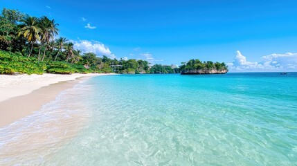 Fototapeta premium Tropical beach paradise, turquoise water, palm trees, relaxing vacation getaway
