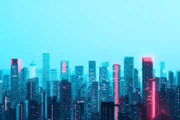 Obraz premium Vibrant urban skyline at night with illuminated skyscrapers and a blue-tinted atmosphere.