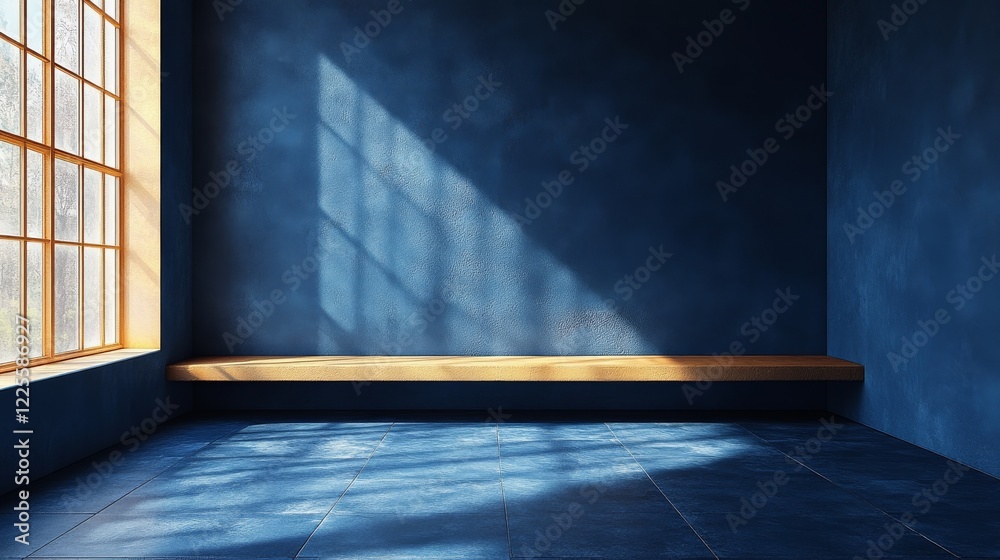 Aufkleber sunlight filters through a large window onto a serene blue room with a wooden bench, creating an amb