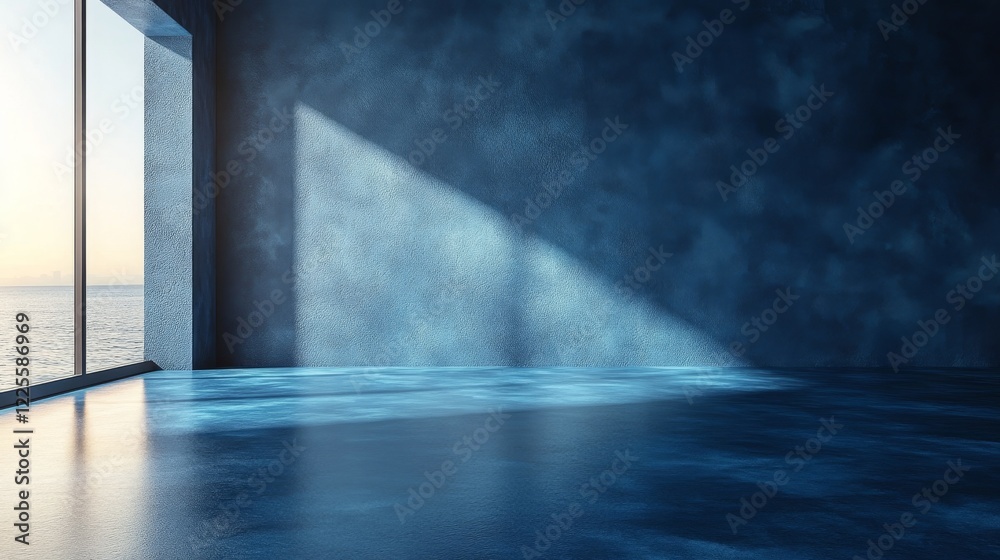 Aufkleber sunlight streaming through a coastal window casts enchanting blue reflections on a tranquil room's f