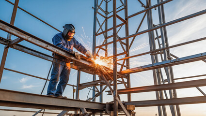 Naklejka premium AI-generated images of a working welder on the construction site