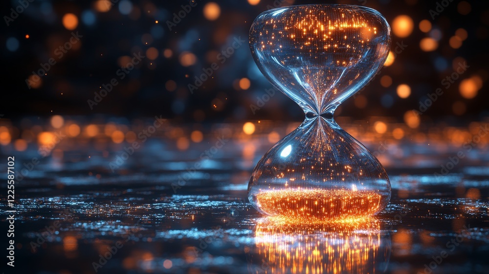 Aufkleber glistening sands of time within a magical hourglass, illuminating the dark with golden sparks in a s