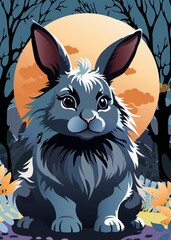 Cute rabbit with orange flowers under the moon on the dark blue background