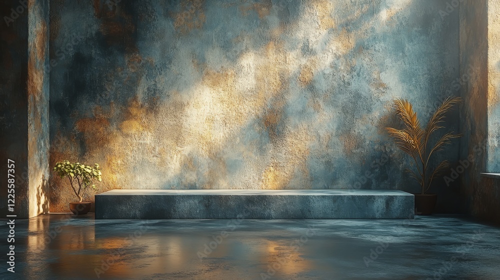 Poster Sunlight dances across a serene room with textured walls, creating a tranquil atmosphere perfect for relaxation and reflection