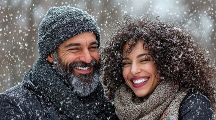 Happy couple laughing in snowy winter park; romantic winter scene for cards
