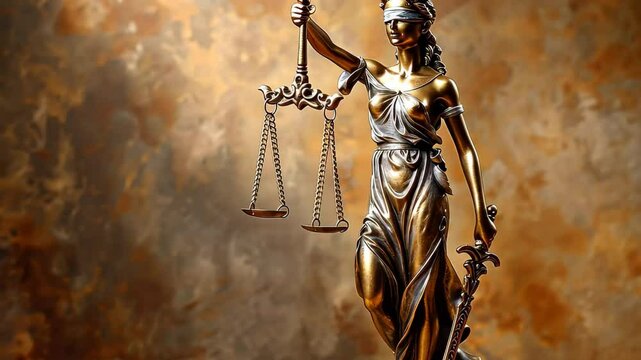 A statue of Lady Justice stands confidently, blindfolded, holding scales in one hand and a sword in the other, embodying the principles of law and impartiality.
