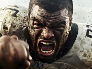 A defensive lineman roaring in frustration after missing a tackle, slamming his fist into the turf.
