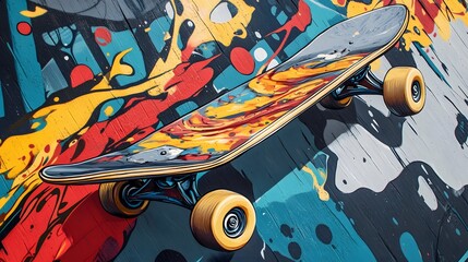 Naklejka premium Colorful Skateboard Against Vibrant Abstract Graffiti Background
