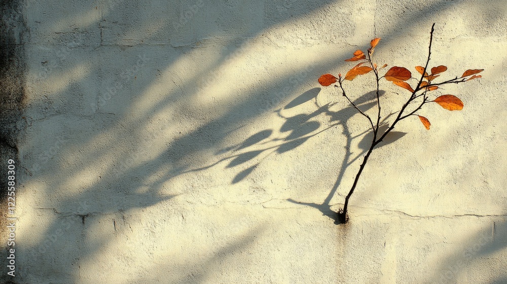 Poster branch adorned with orange leaves casts intricate shadows on a textured wall in the soft afternoon l