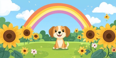 Fototapeta premium Happy Puppy Sitting in Sunny Field with Rainbow