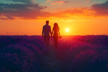 A romantic moment in a picturesque lavender field as a couple walks hand in hand