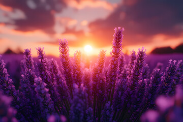Naklejka premium A romantic scene in a blooming lavender field with a couple walking hand in hand under a clear blue sky