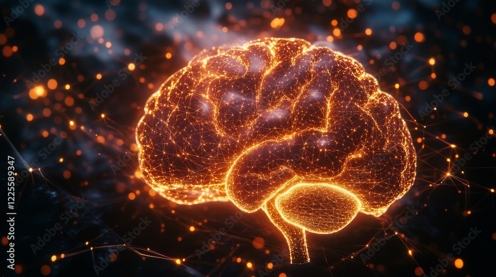 Aufkleber Exploring the vibrant connections within a human brain illuminated by glowing networks and neural pathways at night