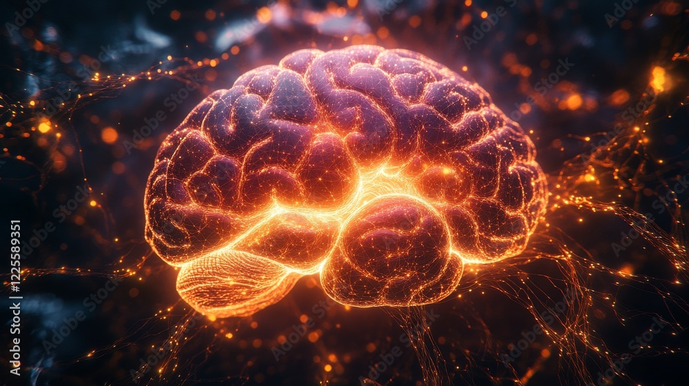 Poster illuminated brain showcasing vibrant neural connections in a dark, captivating atmosphere that explo