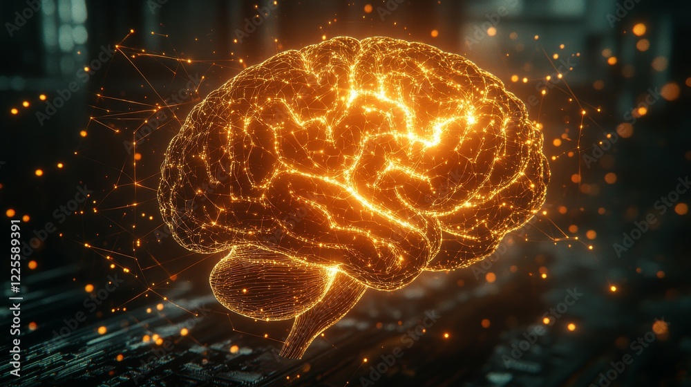 Poster exploring the luminous pathways of a digital brain glowing with energy in a futuristic environment, 