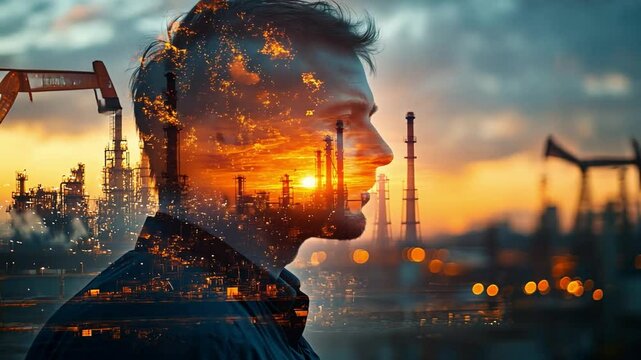 Industry Man: A silhouette of a man merges with a cityscape of industrial structures against a fiery sunset, creating a powerful and evocative image of the human element in industry and progress.