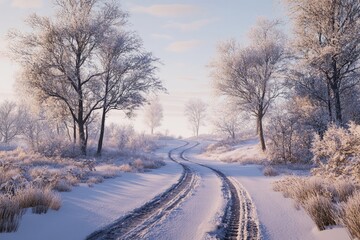 Obraz premium Snow-covered winding path through frosted trees under a clear winter sky during early morning light