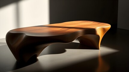 a unique shape wooden table in a minimalist interior, space for copy