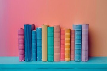 Naklejka premium Row of colorful hardcover books standing on turquoise shelf against pink and orange gradient background, creating minimalist composition for education concept.