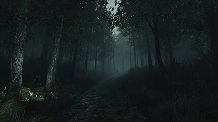 Fototapeta premium A dark forest road, with tall trees on both sides, a mossy ground, and dark green leaves, creates an eerie, cinematic atmosphere.