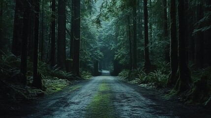 Obraz premium A dark forest road, with tall trees on both sides, a mossy ground, and dark green leaves, creates an eerie, cinematic atmosphere.