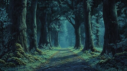 A dark forest road, with tall trees on both sides, a mossy ground, and dark green leaves, creates an eerie, cinematic atmosphere.