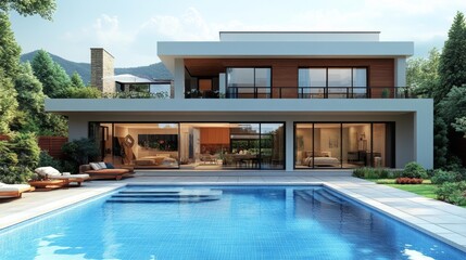 Elegant modern home with open floor plan and contemporary furnishings. Generative AI