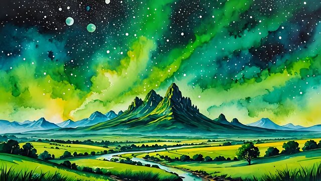montala con cielo estrellado en tonos verdes y llanura verde