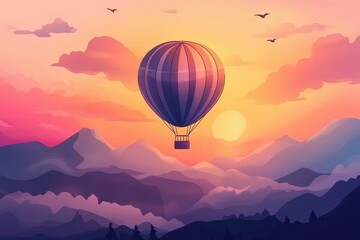 Fototapeta premium Hot Air Balloon Soaring Over Majestic Sunset Mountains