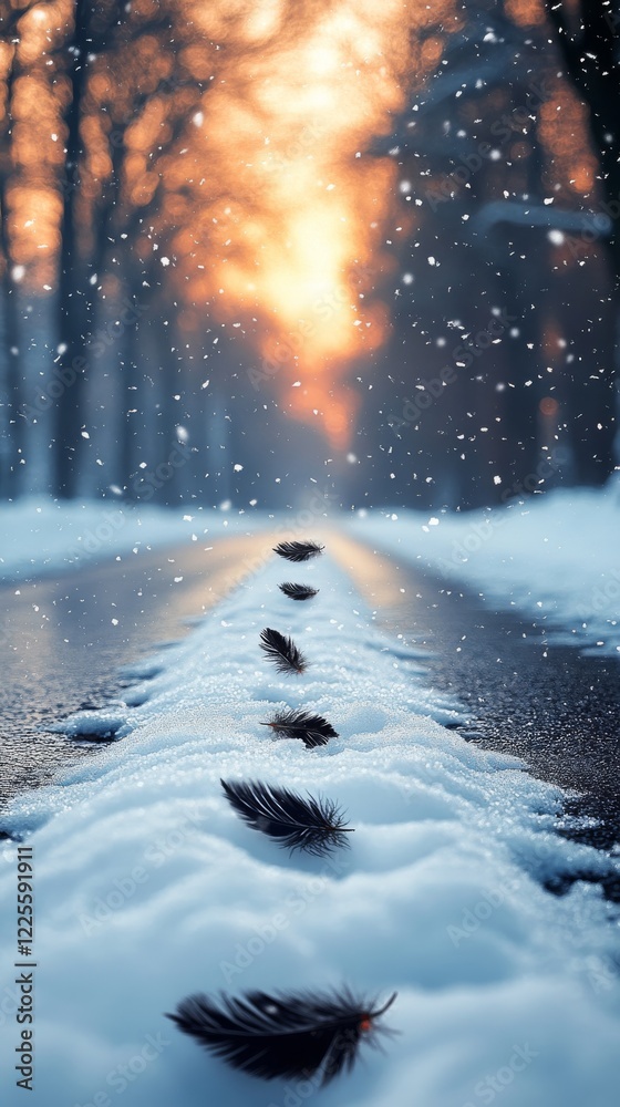 Poster winter path marked by delicate feathers leads towards a warm golden glow of the setting sun through 