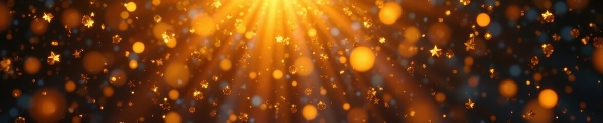 Panoramic view of golden confetti falling like rain , glitter, backdrop, shower