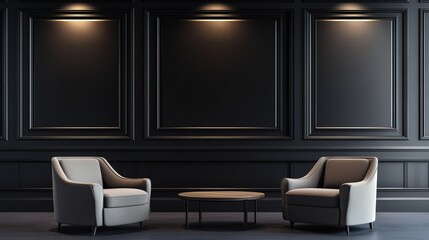 A sleek, dark room with an elegant wall of black paneling and three comfortable chairs in neutral tones. 
