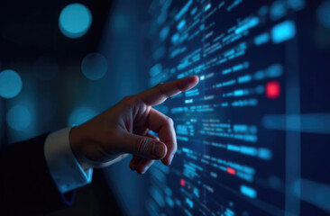 Big data technology and data science with person touching data flowing on virtual screen. Business analytics, artificial intelligence, machine learning. Engineer or scientist analyzing stream of data