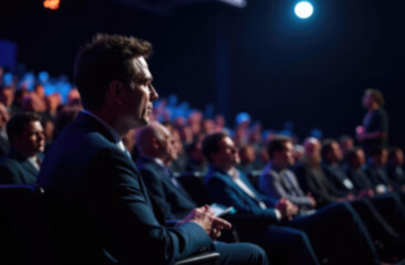 blur background of Male Asking a Question to a Speaker During a Q and A Session at an International Tech Conference in a Dark Crowded Auditorium. Young Specialist Expressing an Opinion During a Global
