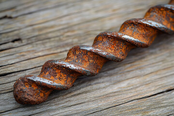 Close-up of a rusty screw on weathered wooden surface, showcasing texture and decay in natural setting