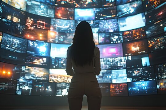 woman in business casual attire observing massive digital display of streaming platforms and social apps modern tech