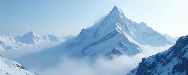 White misty veil descends on the mountain peak, mountain, icy landscape
